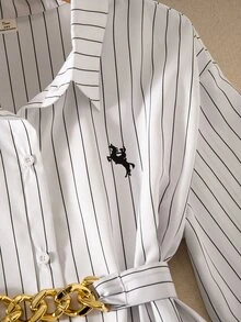 SHEIN Teen Girl Casual Fashion Lapel Shirt Button Placket Practical Version Loose, Comfortable, Soft, Practical And Versatile, Suitable For Autumn, Spring And Summer, Suitable For Daily Wear, Commuting, Outdoor Play, Sports, School, Streetwear, Parties And Photography - Black and White - View 4