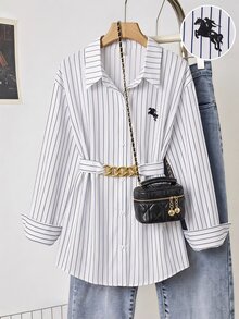 SHEIN Teen Girl Casual Fashion Lapel Shirt Button Placket Practical Version Loose, Comfortable, Soft, Practical And Versatile, Suitable For Autumn, Spring And Summer, Suitable For Daily Wear, Commuting, Outdoor Play, Sports, School, Streetwear, Parties And Photography - Black and White - View 1