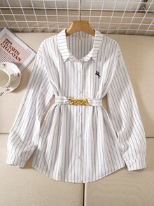 SHEIN Teen Girl Casual Fashion Lapel Shirt Button Placket Practical Version Loose, Comfortable, Soft, Practical And Versatile, Suitable For Autumn, Spring And Summer, Suitable For Daily Wear, Commuting, Outdoor Play, Sports, School, Streetwear, Parties And Photography - Black and White - View 7
