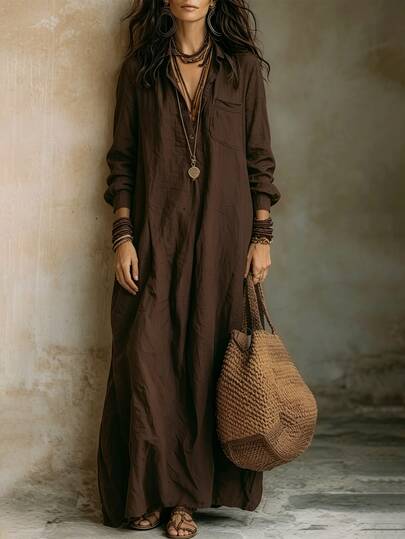 Breezaya Women's Vintage Brown Linen Shirt Dress, Collar HalfButton LongSleeve Loose Maxi Vacation Dress