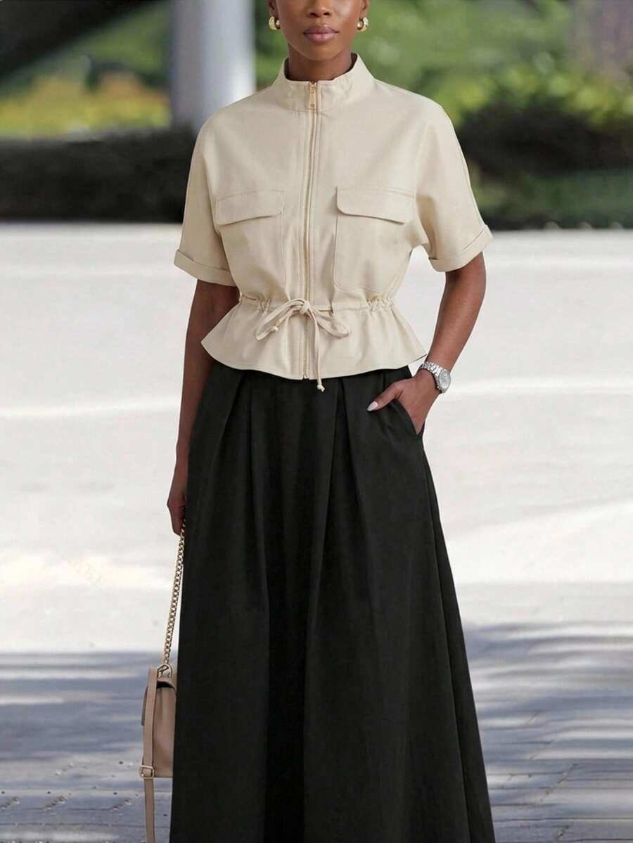Aveloria Modichic Fashionable Short Utility Shirt, With Two Symmetrical Chest Pockets, Cinched Waist Design, Overall Neat And Practical - Beige - View 1