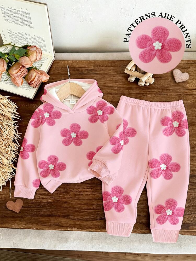 SHEIN 1 Set Gentle Floral Baby Girl Hooded Outfit, Light Pink Full Flocked Large Floral Print Hooded Sweatshirt, Matching Same Pattern Elastic Cuffed Long Pants, Suitable For Outings, Shopping, Daily Wear, Spring, Autumn, Winter - Multicolor - View 2