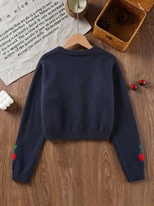SHEIN Vintaside Kids 青少年女孩時尚甜美櫻桃提花單排扣針織開襟衫 - 藏蓝色 - 查看 2