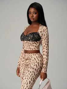 Nooralise Setelan 2 Potong Gaya Jalanan Sporty Hot Girl: Kaos Lengan Panjang Leher Persegi Motif Leopard dengan Patchwork Renda dan Celana Panjang Potongan Lurus Slim Fit - Coklat - View 4