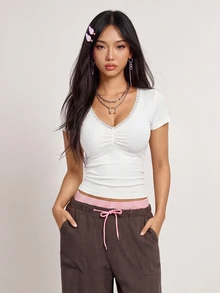 Rina Fox Women's Fashion Versatile Lace Patchwork Ruffle Short Sleeve T-Shirt - White - View 6