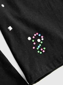 ACID BLVD 四季通用千禧搖滾風 Y2K 彩色水鑽修身短版圓領長袖 T-shirt - 黑色 - 查看 6