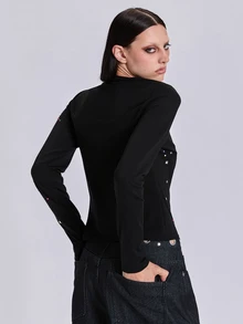 ACID BLVD 四季通用千禧搖滾風 Y2K 彩色水鑽修身短版圓領長袖 T-shirt - 黑色 - 查看 4