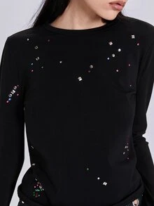 ACID BLVD 四季通用千禧搖滾風 Y2K 彩色水鑽修身短版圓領長袖 T-shirt - 黑色 - 查看 2