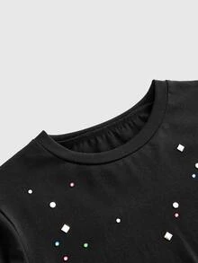 ACID BLVD 四季通用千禧搖滾風 Y2K 彩色水鑽修身短版圓領長袖 T-shirt - 黑色 - 查看 7
