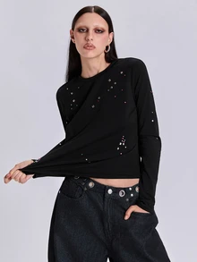 ACID BLVD 四季通用千禧搖滾風 Y2K 彩色水鑽修身短版圓領長袖 T-shirt - 黑色 - 查看 8