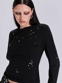 ACID BLVD 四季通用千禧搖滾風 Y2K 彩色水鑽修身短版圓領長袖 T-shirt - 黑色 - 查看 1