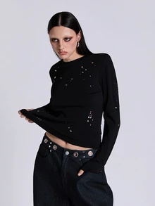 ACID BLVD 四季通用千禧搖滾風 Y2K 彩色水鑽修身短版圓領長袖 T-shirt - 黑色 - 查看 9