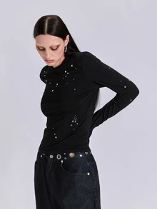 ACID BLVD 四季通用千禧搖滾風 Y2K 彩色水鑽修身短版圓領長袖 T-shirt - 黑色 - 查看 10