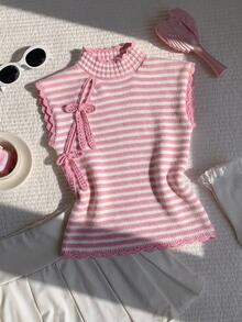 Comfortcana 女款條紋拼色休閒日常針織上衣 - 粉色 - 查看 6