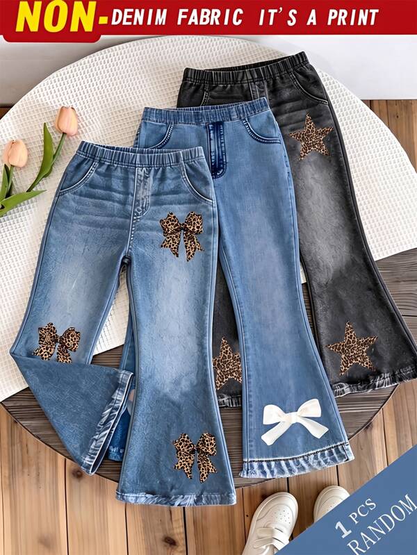 1 pieza Pantalones acampanados de punto azul para niñas con lazo, estampado de leopardo, lindo estilo kawaii, cómodos y versátiles para uso diario, pantalones para todas las estaciones