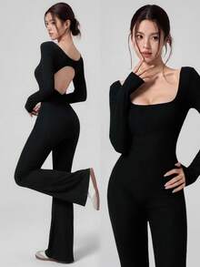 DAZY Autumn Korean Style Long Sleeve Black Backless Hollow Out Flare Leg Slimming Yoga Fitness Casual Home Women's Sports Jumpsuit - Black - View 1