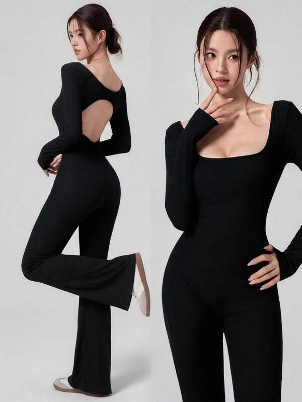DAZY Autumn Korean Style Long Sleeve Black Backless Hollow Out Flare Leg Slimming Yoga Fitness Casual Home Women's Sports Jumpsuit