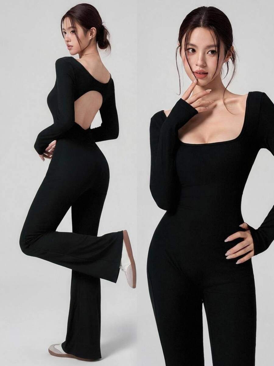 DAZY Autumn Korean Style Long Sleeve Black Backless Hollow Out Flare Leg Slimming Yoga Fitness Casual Home Women's Sports Jumpsuit - Black - View 1