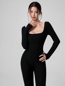 DAZY Autumn Korean Style Long Sleeve Black Backless Hollow Out Flare Leg Slimming Yoga Fitness Casual Home Women's Sports Jumpsuit - Black - View 5