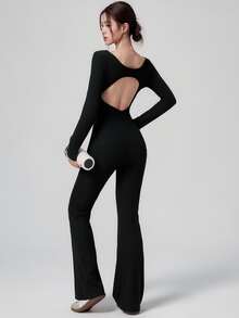 DAZY Autumn Korean Style Long Sleeve Black Backless Hollow Out Flare Leg Slimming Yoga Fitness Casual Home Women's Sports Jumpsuit - Black - View 2