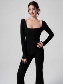 DAZY Autumn Korean Style Long Sleeve Black Backless Hollow Out Flare Leg Slimming Yoga Fitness Casual Home Women's Sports Jumpsuit - Black - View 4