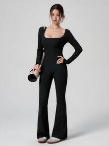 DAZY Autumn Korean Style Long Sleeve Black Backless Hollow Out Flare Leg Slimming Yoga Fitness Casual Home Women's Sports Jumpsuit - Black - View 6
