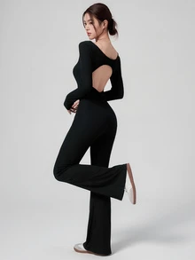 DAZY Autumn Korean Style Long Sleeve Black Backless Hollow Out Flare Leg Slimming Yoga Fitness Casual Home Women's Sports Jumpsuit - Black - View 7