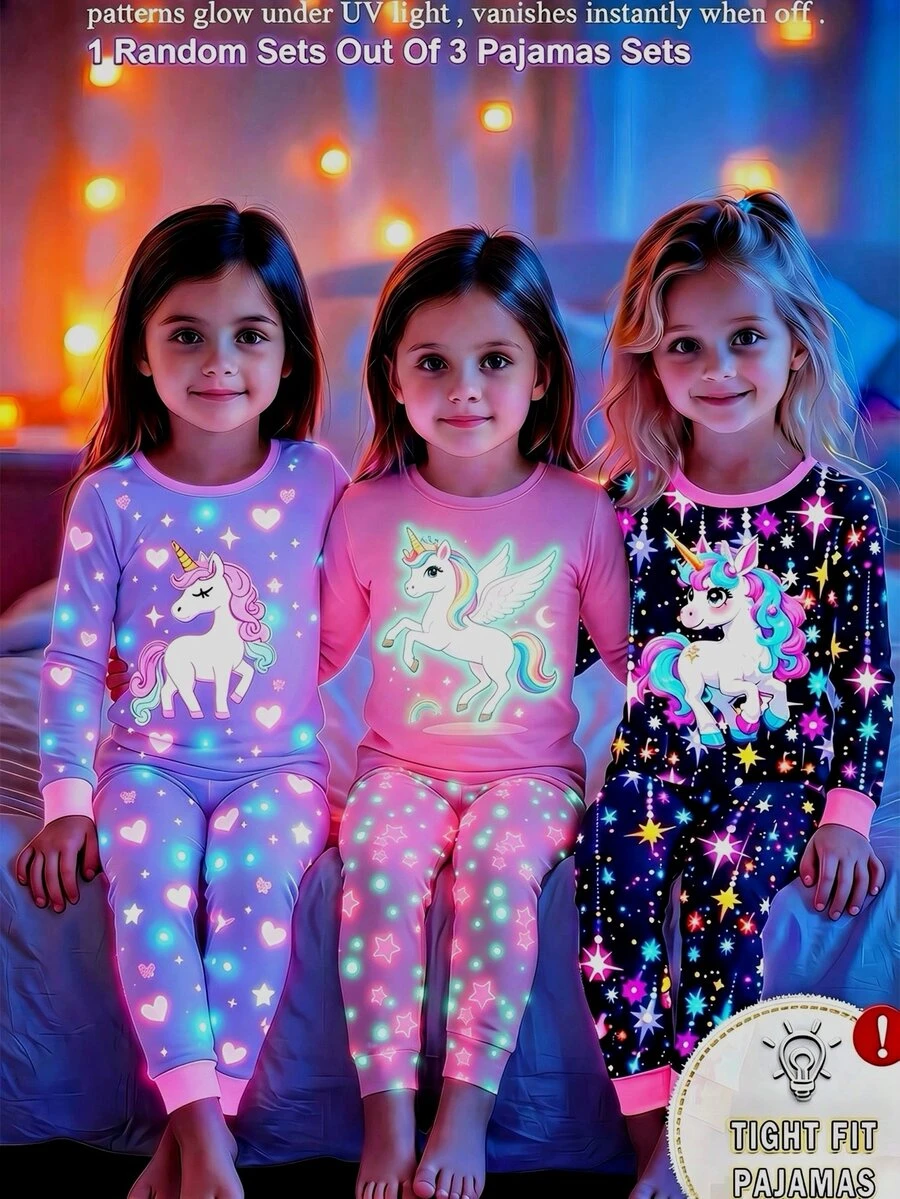 Girls' Unicorn Star Glow-In-The-Dark Print Long Sleeve & Long Pants Snug Fit Lounge Set - Multicolor - View 1