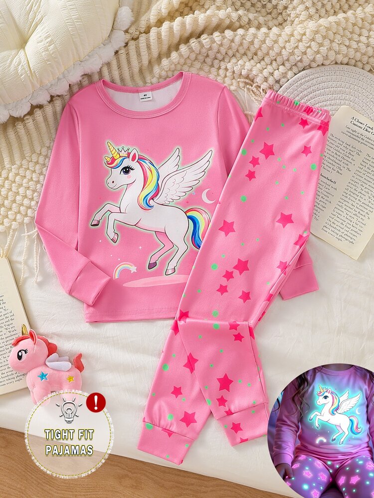 Girls' Unicorn Star Glow-In-The-Dark Print Long Sleeve & Long Pants Snug Fit Lounge Set - Multicolor - View 4