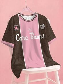 SHEIN X Care Bears 女款配色拼接熊與字母印花T恤 - 白色 - 查看 1