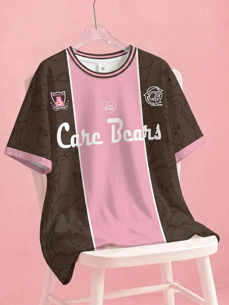 SHEIN X Care Bears 女款配色拼接熊與字母印花T恤 - 白色 - 查看 1