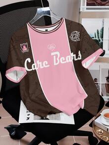 SHEIN X Care Bears 女款配色拼接熊與字母印花T恤 - 白色 - 查看 4