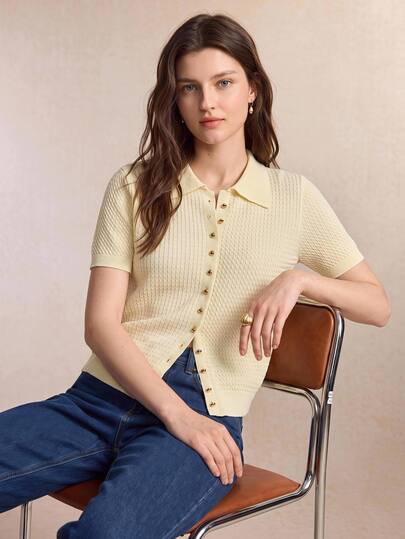 BizChic Pale Yellow Knitted Cardigan With Cable Knit, Turn-Down Collar And Metal Buttons, Summer, Teachers' Day, Back To School Office Brunch, Church, Elegant
