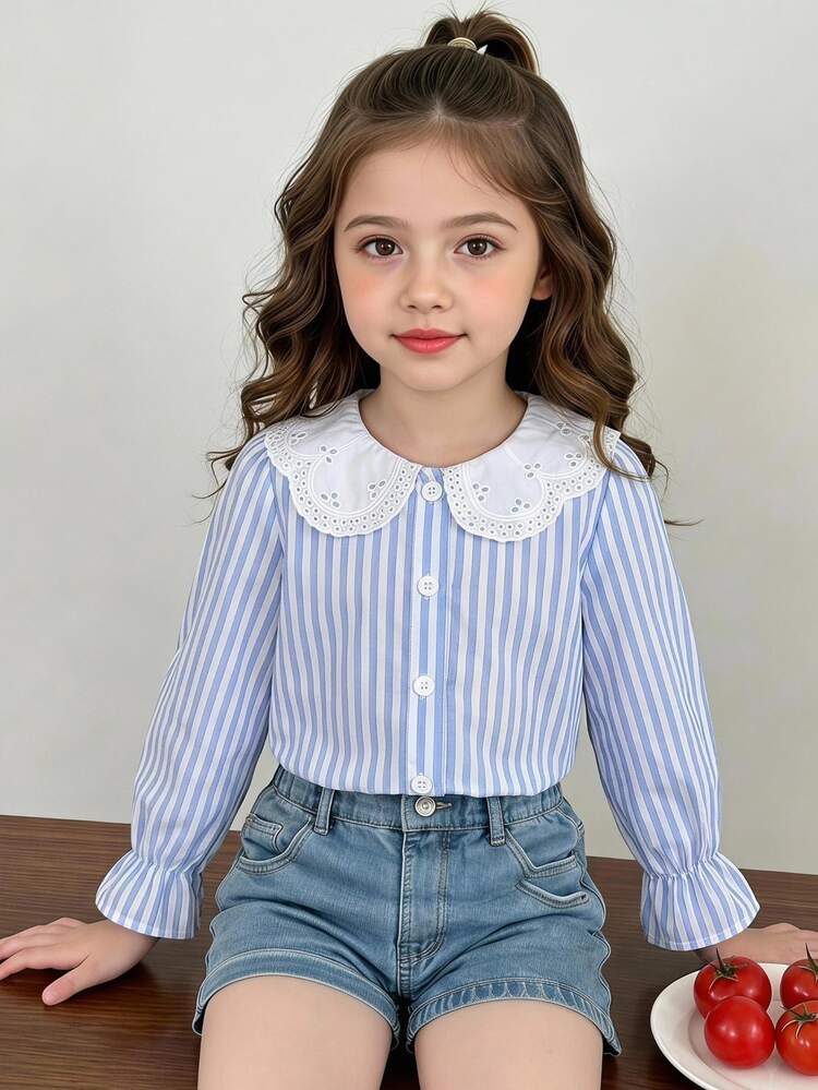 SHEIN Elladie kids Girls' Elegant Lace Petal Collar Princess Long-Sleeved Single-Breasted Casual Fashion Princess Shirt Spring And Autumn Back-To-School Season Top White - Blue - View 1