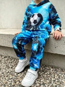 2pcs Young Boys' Football Print Hoodie And Pants Set, Casual Sports Style For Fall/Winter - Blue - View 1