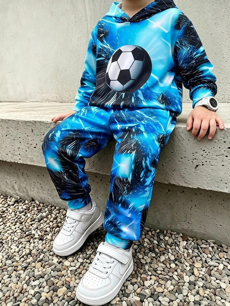 2pcs Young Boys' Football Print Hoodie And Pants Set, Casual Sports Style For Fall/Winter - Blue - View 1