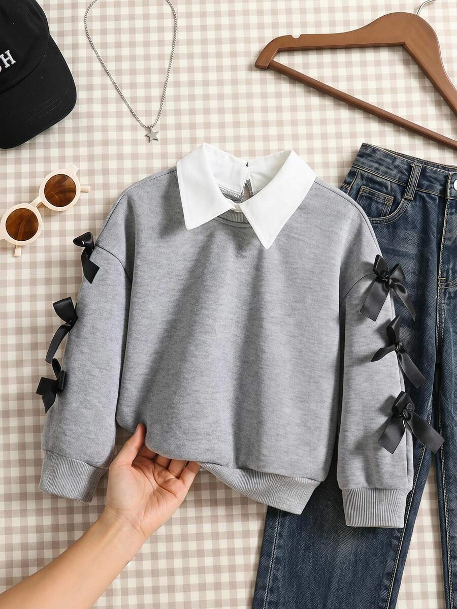 SHEIN Genkimix Kids 女童白色圓領衛衣 3D蝴蝶結,秋冬公主仙女套頭衫,7歲生日、職業日、返校新娘 - 灰色 - 查看 1