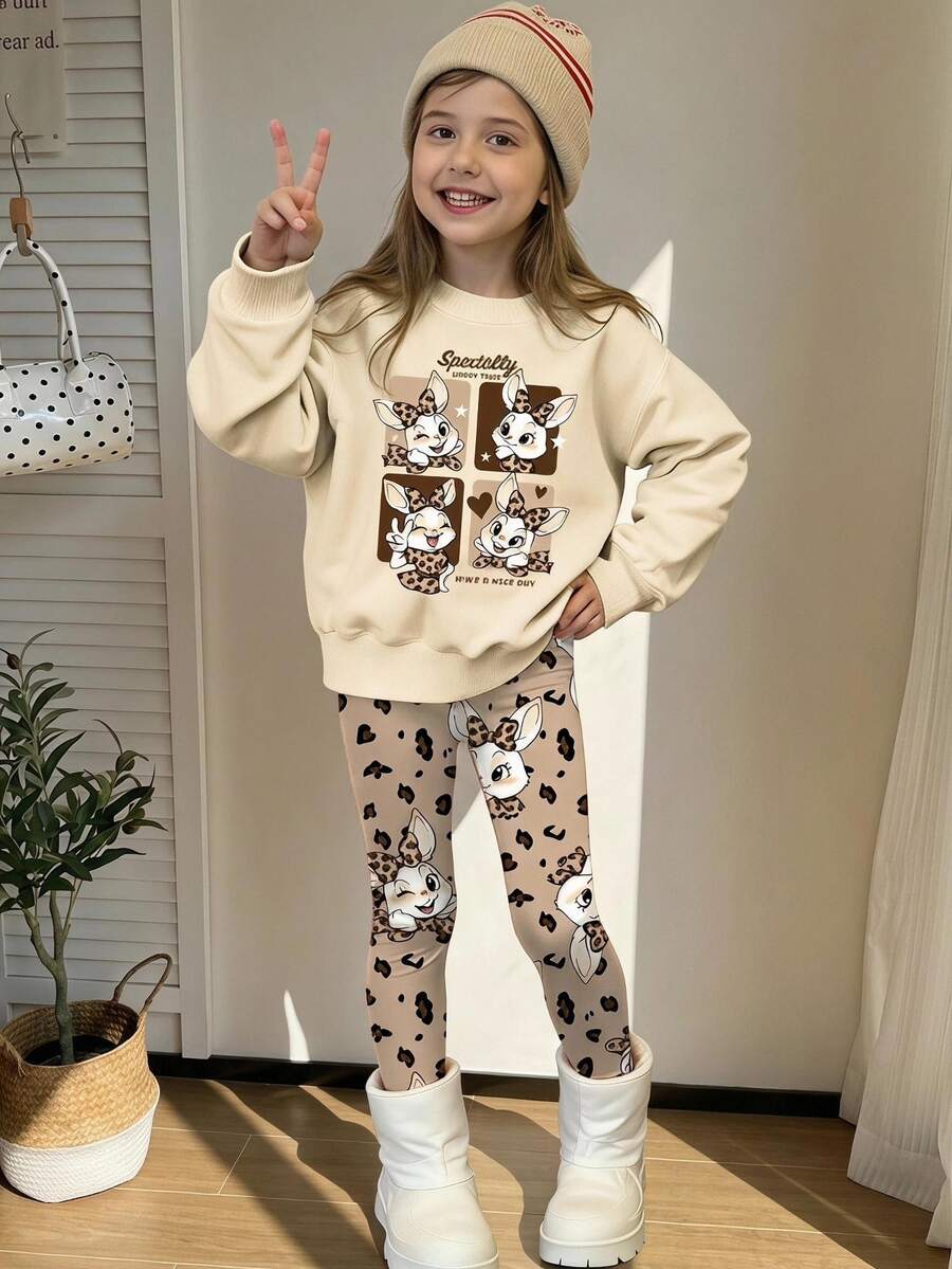 SHEIN Sparklyn 2 件套可爱兔子和豹纹女童圆领运动衫和紧身裤套装，时尚休闲，适合秋冬 - 彩色 - 查看 1