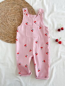 SHEIN 女嬰 1件可愛櫻桃印花燈芯絨無袖吊帶連身褲 日常秋冬款 - 藕粉色 - 查看 4