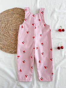 SHEIN 女嬰 1件可愛櫻桃印花燈芯絨無袖吊帶連身褲 日常秋冬款 - 藕粉色 - 查看 3