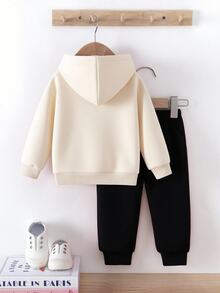 SHEIN 2件組女嬰套裝：時尚可愛豹紋、愛心字母圖案連帽長袖衛衣與長褲，秋冬米色黑色牛仔女孩風 - 彩色 - 查看 2