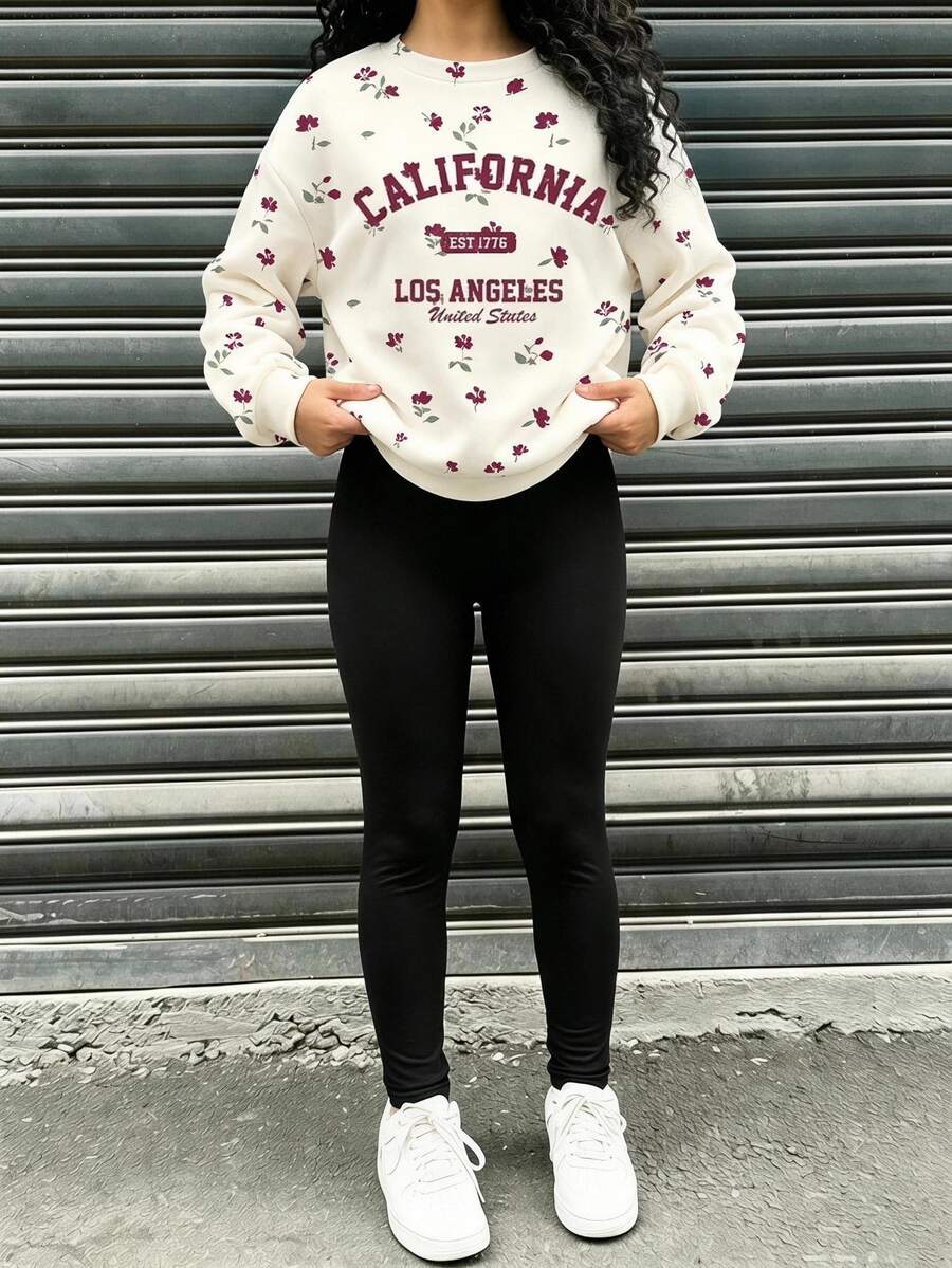 SHEIN 少女秋季套装,休闲时尚创意个性清新简约玫瑰花图案字母标语印花,宽松基础款白色圆领卫衣+黑色打底裤两件套,保暖舒适,美式复古度假风,适合秋冬季女孩穿着。樱桃童装机场穿搭长袖女童套装,樱桃女童服装,少女服装套装 - 彩色 - 查看 1
