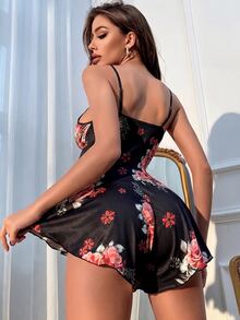 SHEIN Women's Romantic Floral Print Contrast Lace Spaghetti Strap Jumpsuit Sleepwear, Summer - Black - View 2