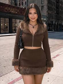 SHEIN ICON 大码女式棕色V领长袖毛绒装饰针织上衣，保暖两件套，秋冬女装，冬季服装 - 咖啡棕 - 查看 3