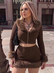 SHEIN ICON 大码女式棕色V领长袖毛绒装饰针织上衣，保暖两件套，秋冬女装，冬季服装 - 咖啡棕 - 查看 1