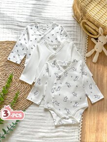Vintaside Kids 新生兒女嬰男嬰白色純色交叉前襟舒適可愛趣味優雅極簡時尚舒適長袖彈性連身衣連身褲多件套裝 - 白色 - 查看 3