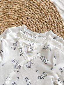 Vintaside Kids 新生兒女嬰男嬰白色純色交叉前襟舒適可愛趣味優雅極簡時尚舒適長袖彈性連身衣連身褲多件套裝 - 白色 - 查看 7