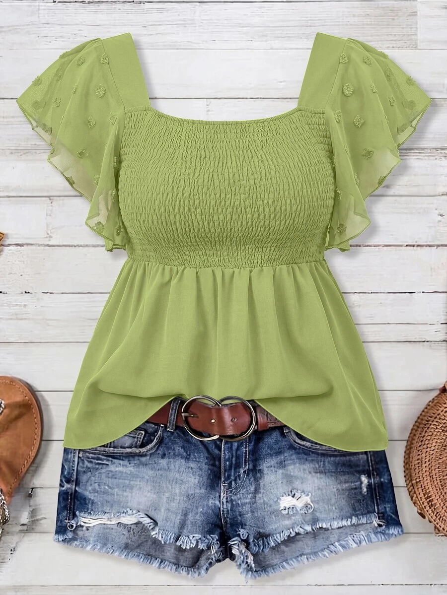 EMERY ROSE Women's Plus Size Square Neck Flutter Sleeve Casual Blouse - Army Green - View 1