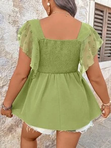EMERY ROSE Women's Plus Size Square Neck Flutter Sleeve Casual Blouse - Army Green - View 2