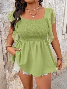 EMERY ROSE Women's Plus Size Square Neck Flutter Sleeve Casual Blouse - Army Green - View 4